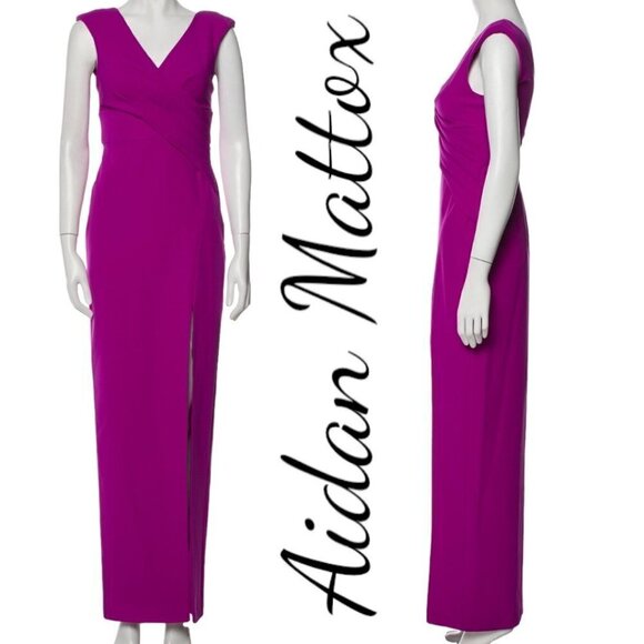 NWT AIDAN MATTOX Draped Sheath Evening Gown Fuchsia Magenta V-Neck, Size 2 - Picture 13 of 14